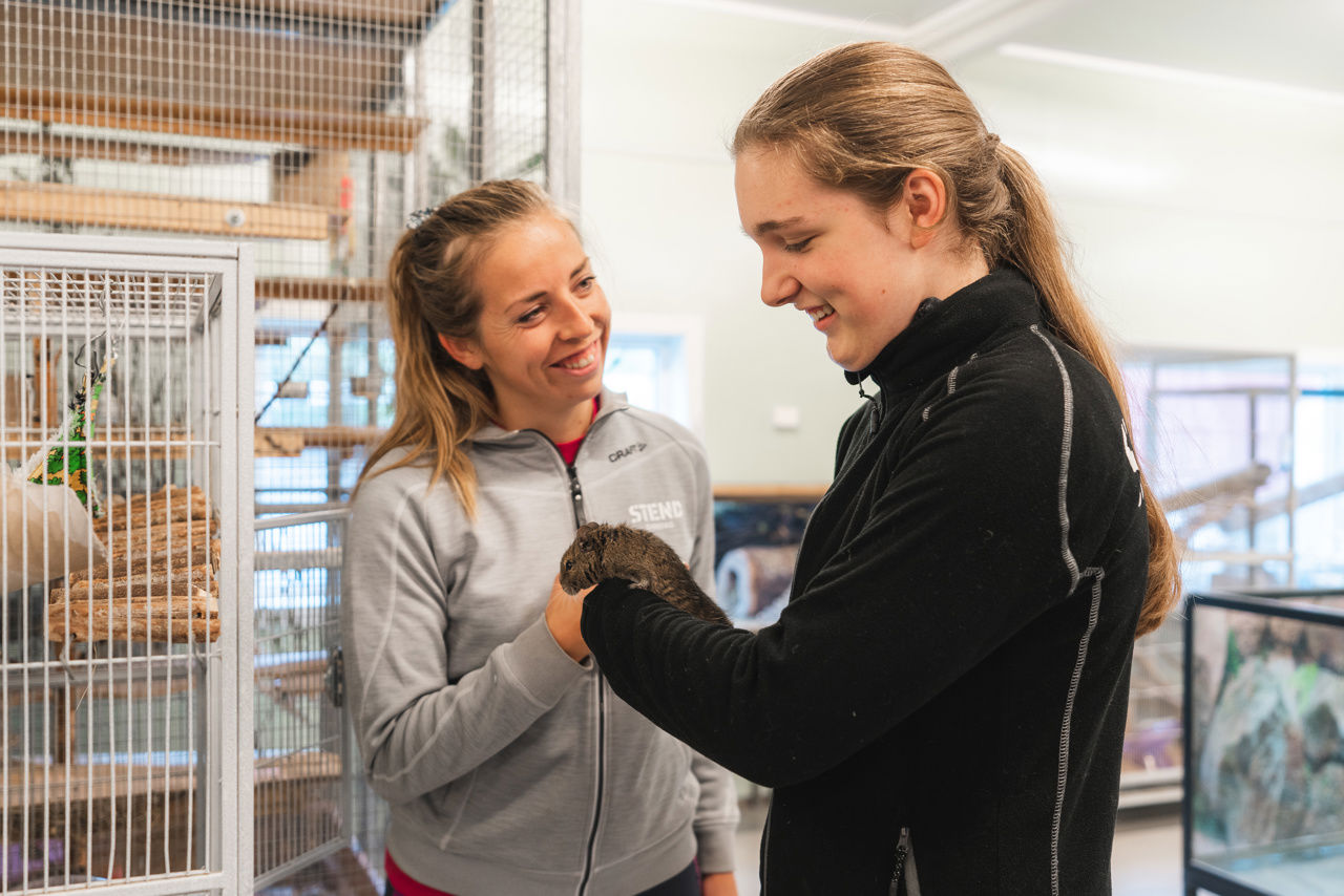 Bildet av en lærer og elev som holder og ser på en degus