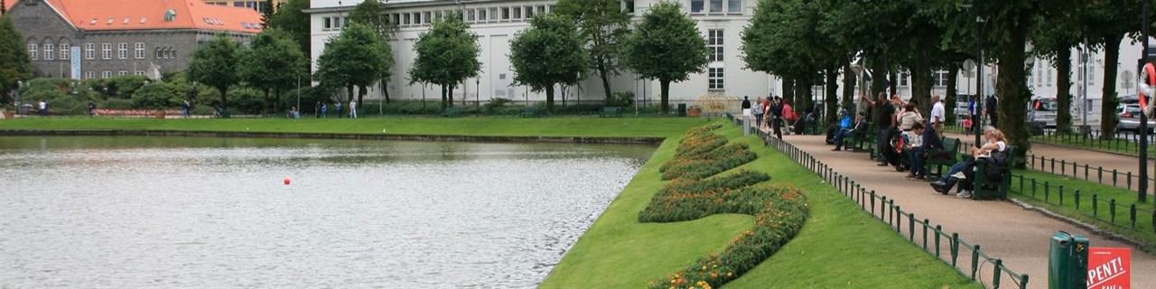 Bildet viser Lille lungegårdsvann , bed og bygninger i bakgrunnen