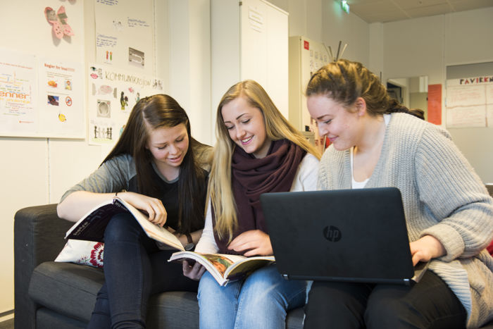 3 elever som blader i lærerbøker og sitter med en PC på fanget