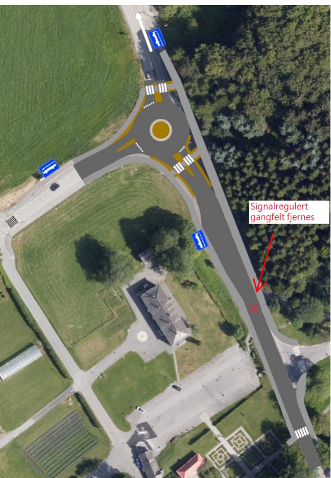 Bildet viser et flyfoto av veinettet rundt Stend vgs,  og pil hvor endringen er.