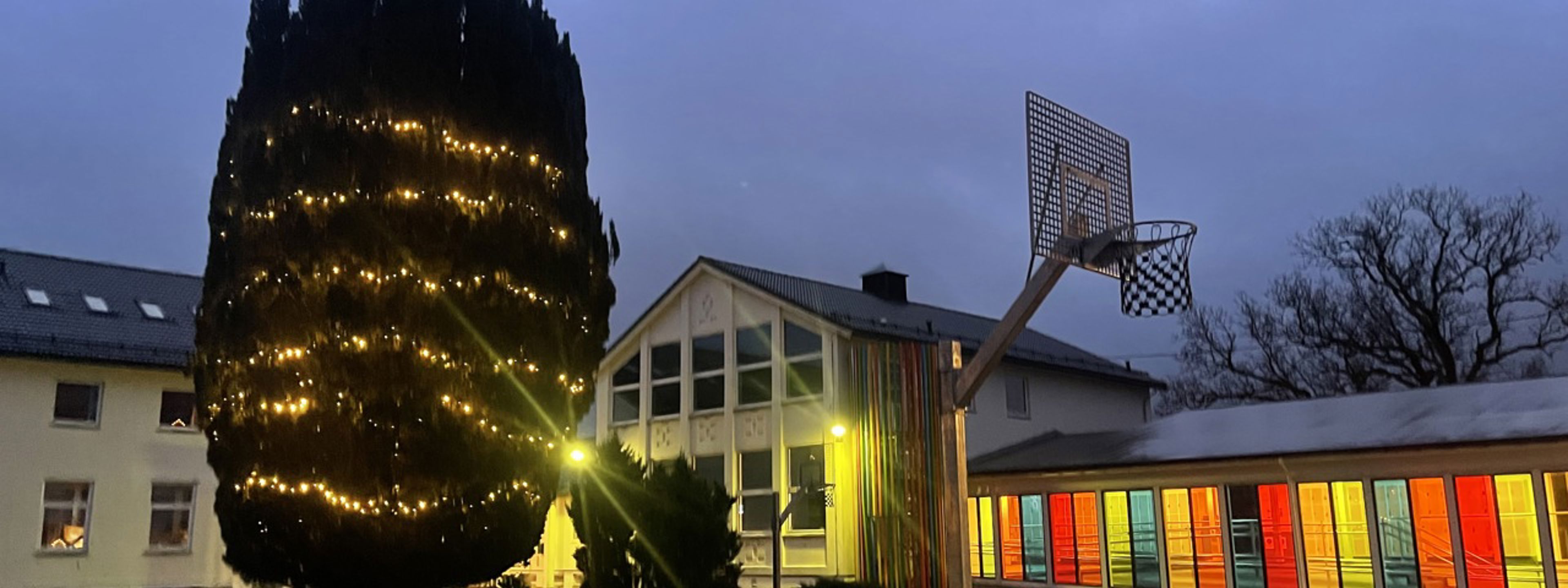 Pyntet juletre med skolebygg i bakgrunnen