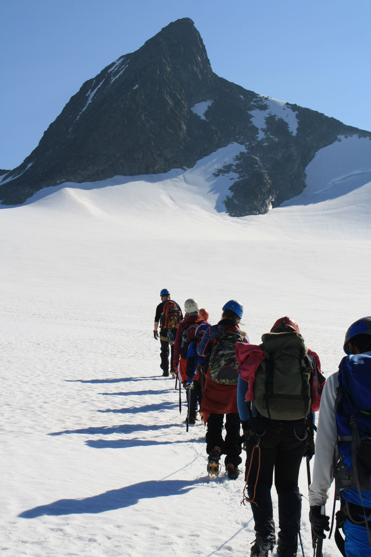 Elever som går på fjellski mot en fjelltopp.